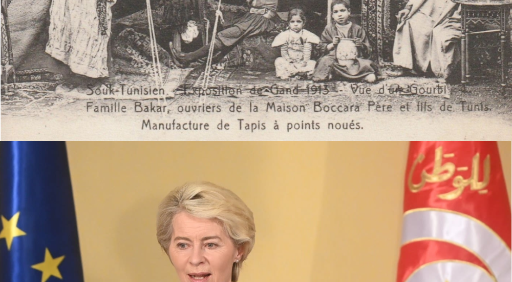 beeld met Ursula von der Leyen samen met een postkaart waarop  Tunesische nomanden staan tijdens de wereldtentoonstelling Gent in 1913