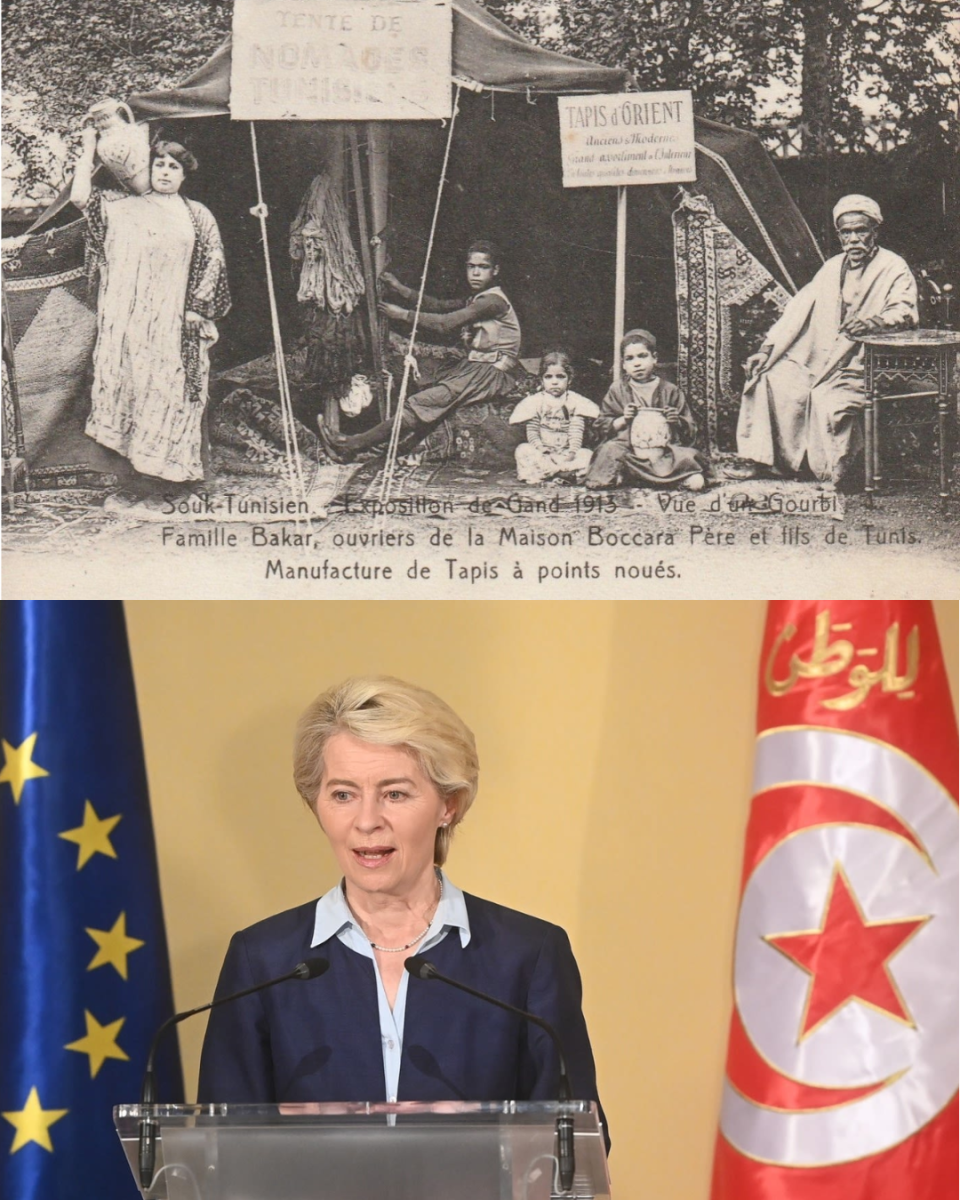 beeld met Ursula von der Leyen samen met een postkaart waarop  Tunesische nomanden staan tijdens de wereldtentoonstelling Gent in 1913